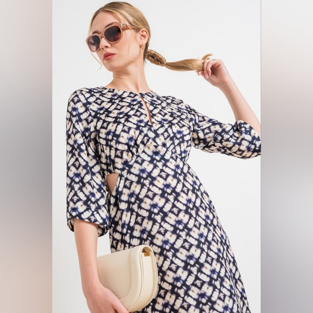 Stefanel Cut Out Geometric Midi Dress Navy And Cream Size Small